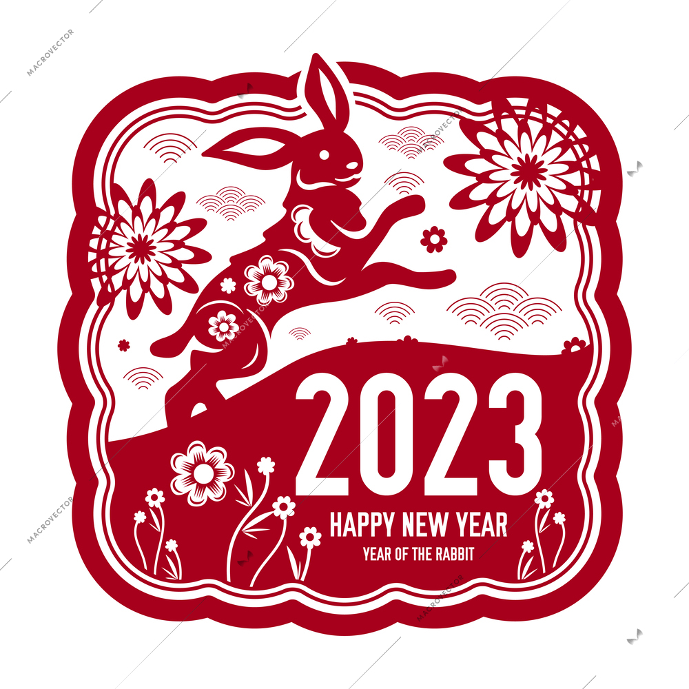 Happy 2023 new year of rabbit flat emblem in red and white colors vector illustration