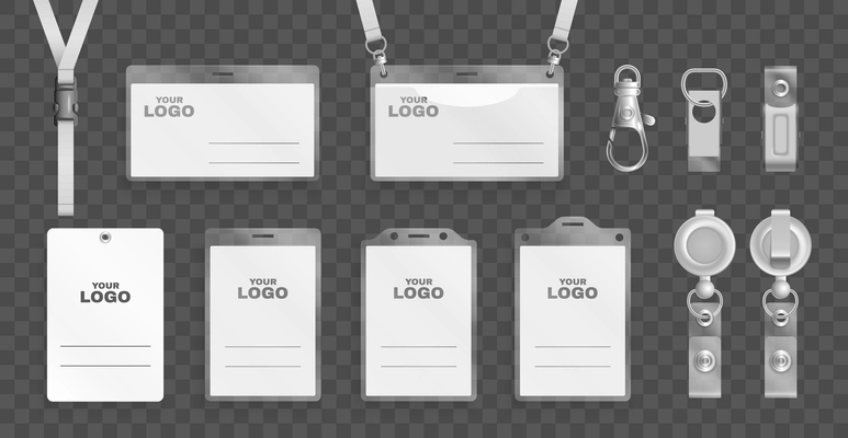 Realistic set of id badges cards templates in plastic holders with lanyards and metal clips isolated on transparent background vector illustration