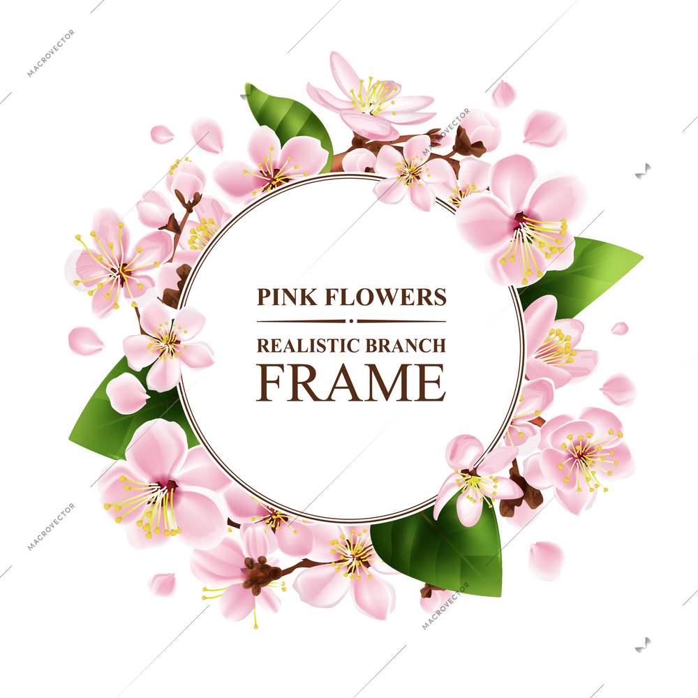 White flowers branch frame with leaves and blossom symbols realistic vector illustration