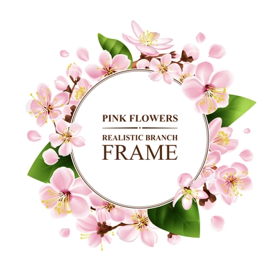 White flowers branch frame with leaves and blossom symbols realistic vector illustration