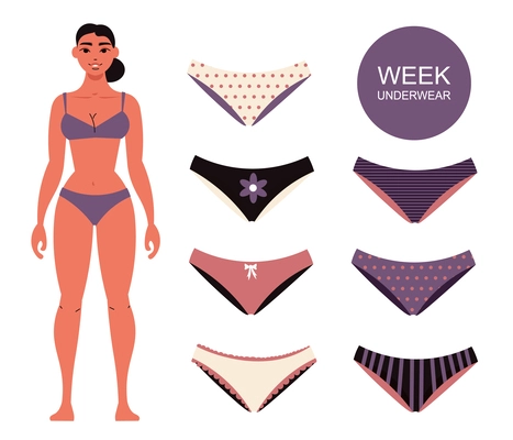 Women lingerie panties set with week underwear symbols flat isolated vector illustration