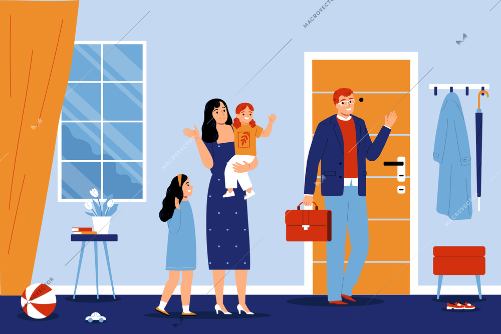 Mother and daughters see off dad leaving home for work in hall flat vector illustration