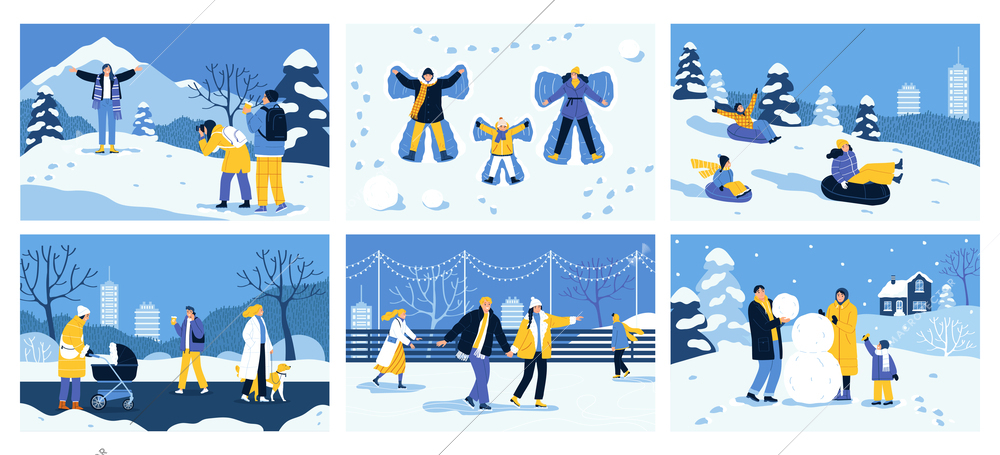 Flat winter holiday set of horizontal posters with happy people spending time outdoors walking skating making snowman taking photo isolated vector illustration