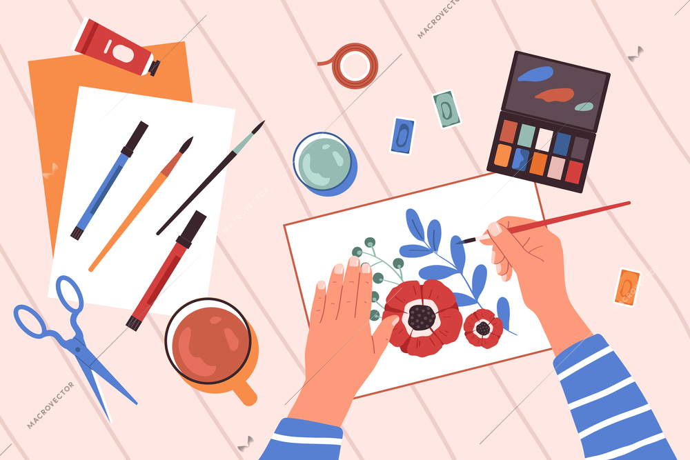 Craft hobby flat background with human hands watercolour painting with brushes scissors and paints on table top view vector illustration