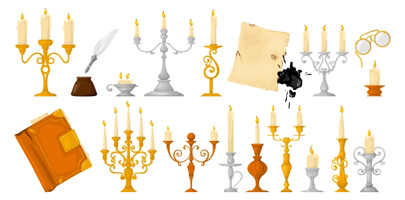 Retro candle holders old set with isolated icons of candles on ornate stands with vintage items vector illustration