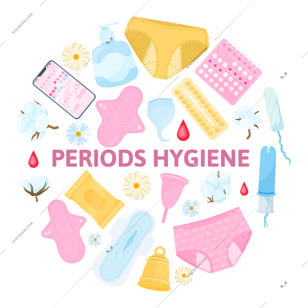 Menstruation period hygiene flat composition with womens panties pads tampons menstruation calendar vector illustration