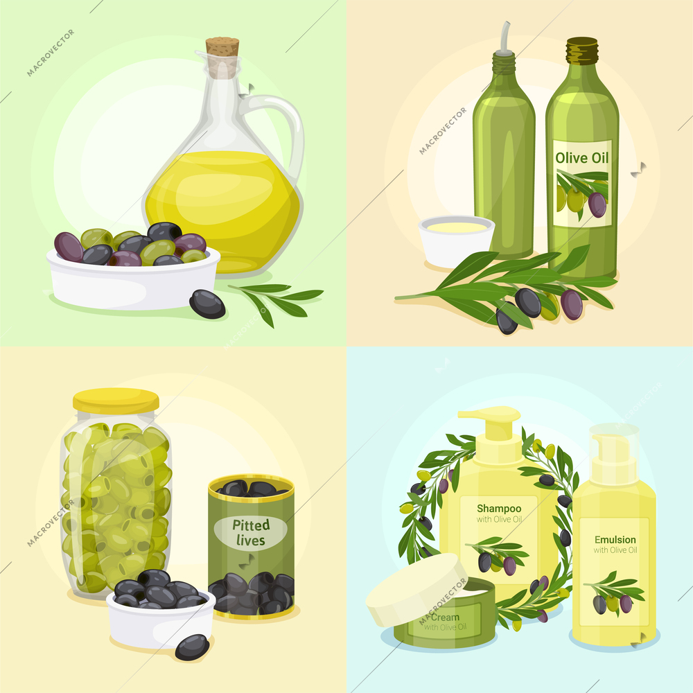 Four squares with olives flat colored icon set oil bottles green and black olives branches and cosmetics vector illustration