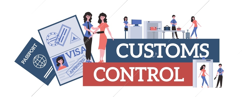 Customs control text flat composition with images of passport with visa security and people being checked vector illustration