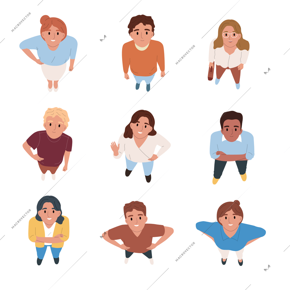 Smiling people looking up flat set top view isolated vector illustration