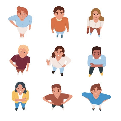 Smiling people looking up flat set top view isolated vector illustration