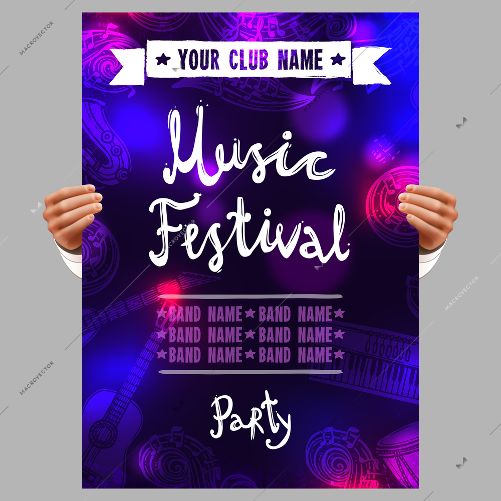 Human hands holding music festival poster with musical instruments vector illustration