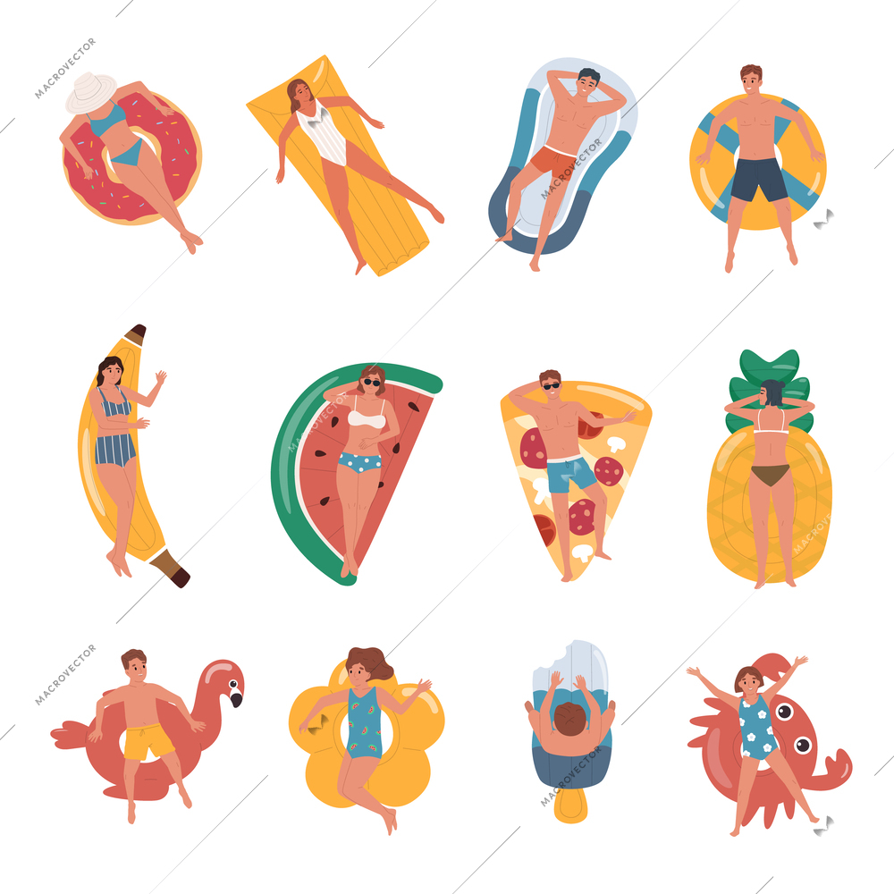 Flat set of people relaxing on various inflatable toys top view isolated vector illustration