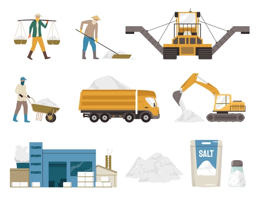 Salt production flat set with machinery workers and finished product isolated against white background vector illustration