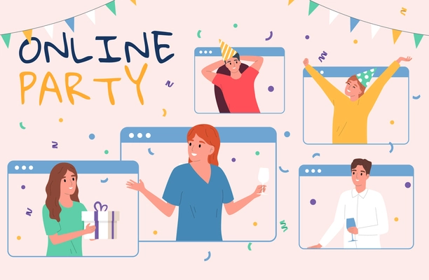 Online party flat poster with people having fun together during video call vector illustration