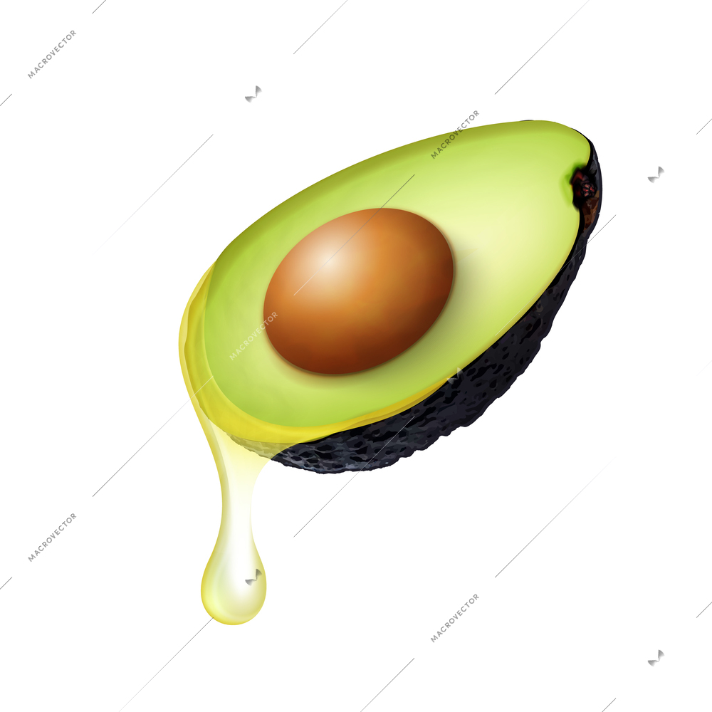 Half of fresh avocado with oil drop on white background realistic vector illustration