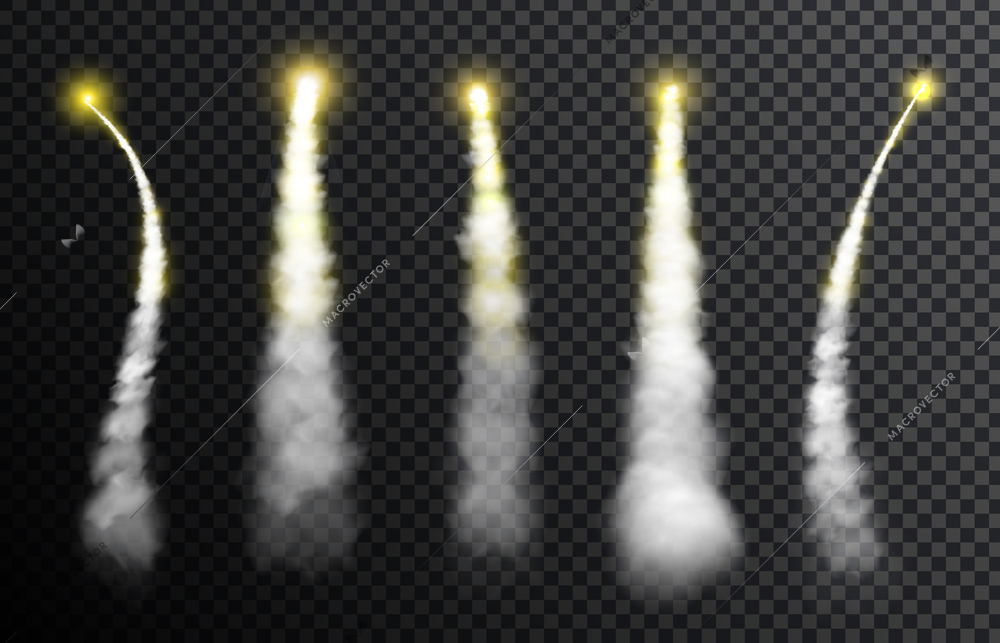 Signal rockets with trails of smoke realistic set isolated against dark transparent background vector illustration