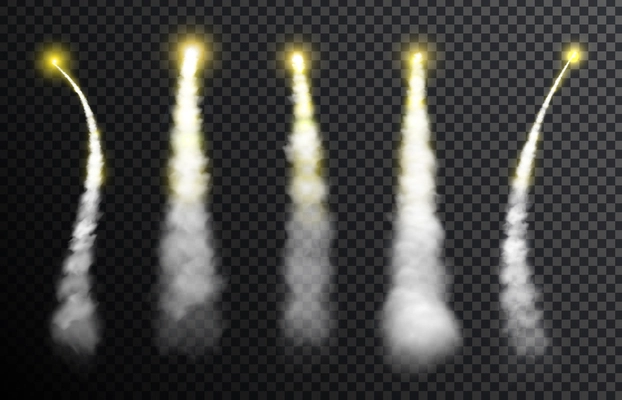 Signal rockets with trails of smoke realistic set isolated against dark transparent background vector illustration