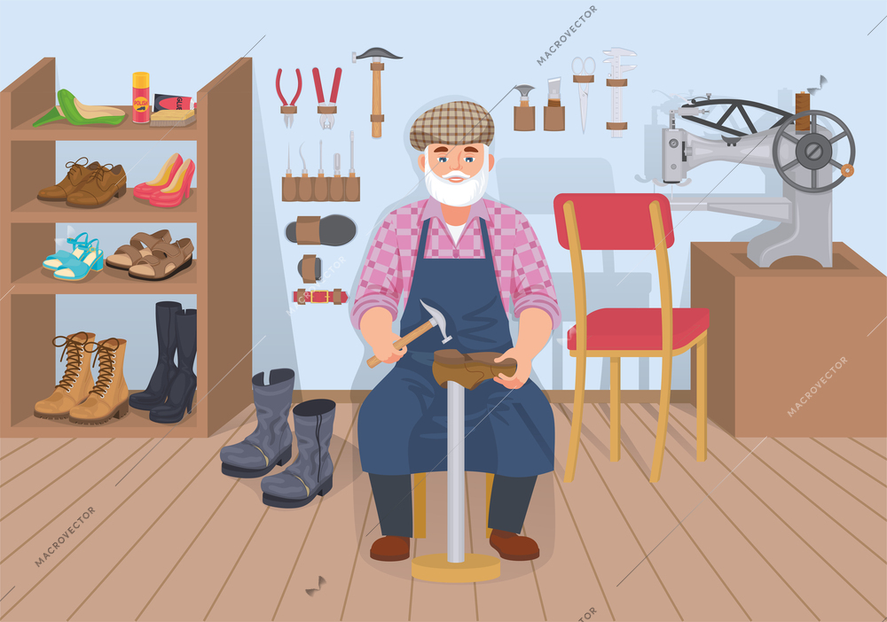 Shoes repairing service flat composition with indoor view of old shoeman in his workshop with tools vector illustration