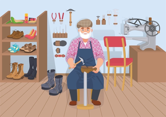 Shoes repairing service flat composition with indoor view of old shoeman in his workshop with tools vector illustration