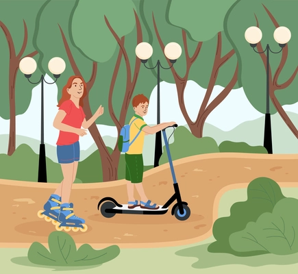 Family activities flat background with mother rollerblading and her son riding scooter in city park vector illustration