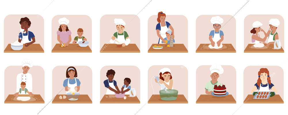 Children Cooking School flat icons set of kids engaged in preparation of dough for baking cakes and pies vector illustration