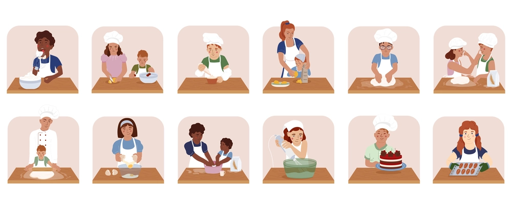 Children Cooking School flat icons set of kids engaged in preparation of dough for baking cakes and pies vector illustration