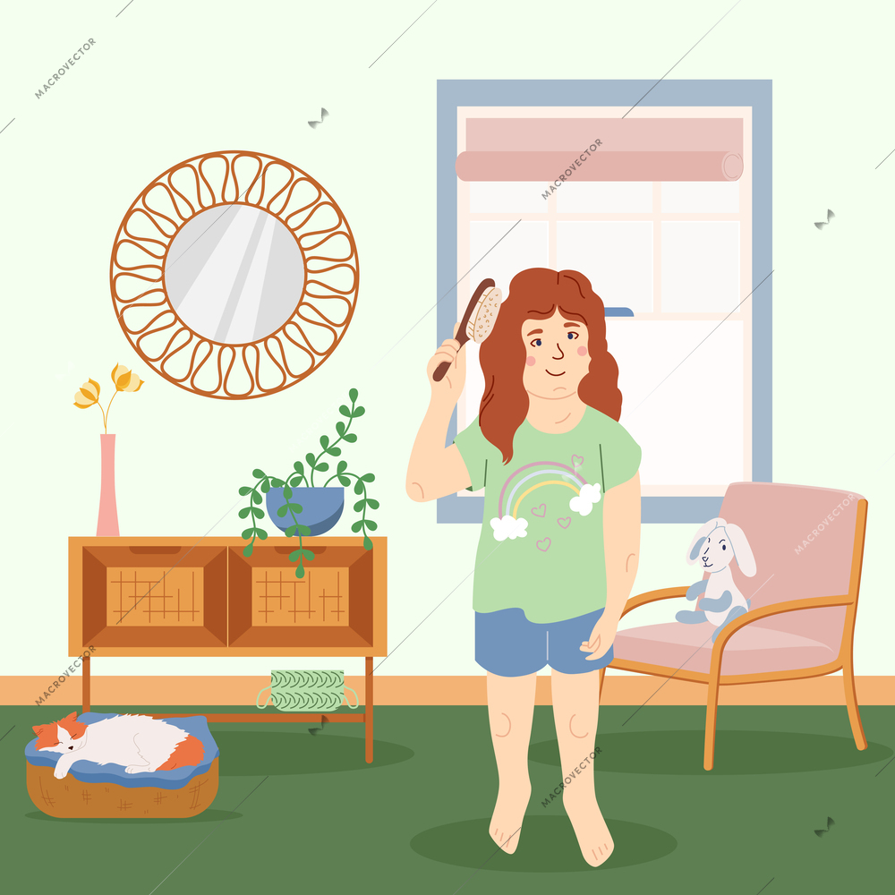 Childish daily routine flat poster with little girl spending her free time home surrounded by toys and pets vector illustration