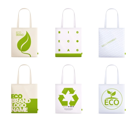 Tote fabric bag mockup realistic set with isolated images of eco branded artwork on cloth bags vector illustration