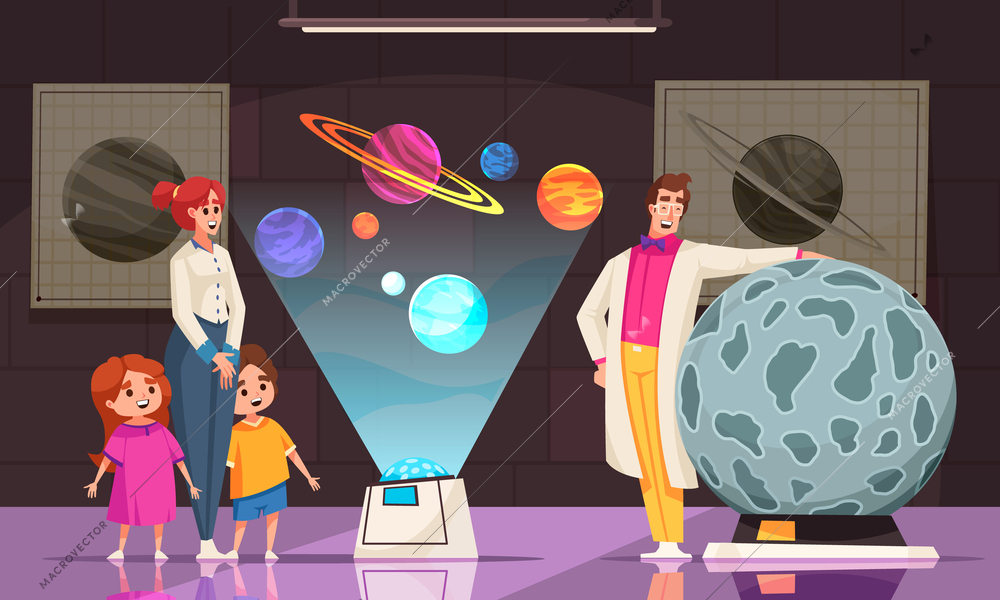 Observatory study background with school symbols flat vector ilustration