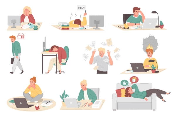 Cartoon set of people at their work places suffering from professional burnout fatigue frustration isolated vector illustration