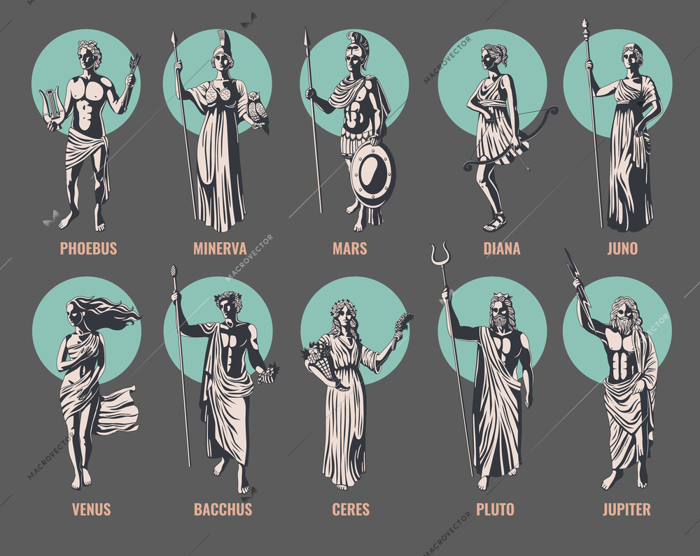 Greek olympian gods and goddesses with their names isolated on color background flat vector illustration