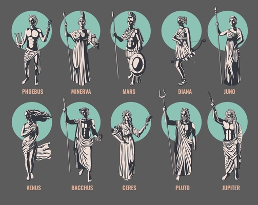 Greek olympian gods and goddesses with their names isolated on color background flat vector illustration