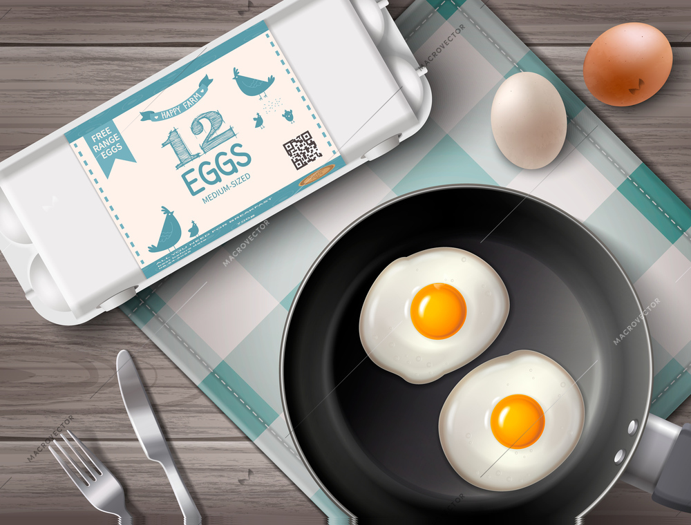 Frying pan with fried eggs and plastic package on wooden kitchen table top view realistic vector illustration