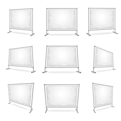 Blank rectangular press wall mockup realistic set with object from different angles isolated vector illustration