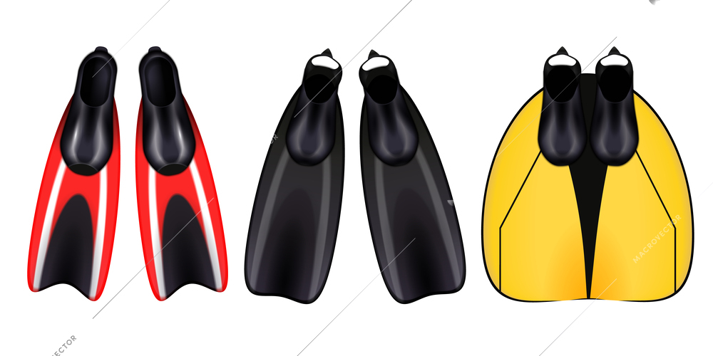 Diving snorkeling realistic set of isolated icons with swim fins images of different shape and color vector illustration