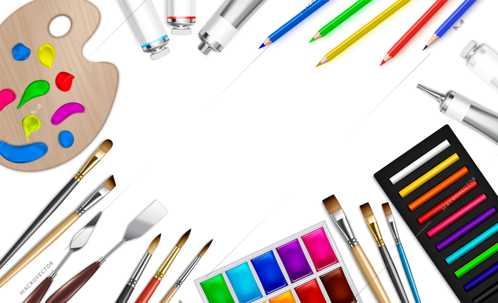 Artist tools realistic background composition with empty space surrounded by images of brushes pencils and palette vector illustration