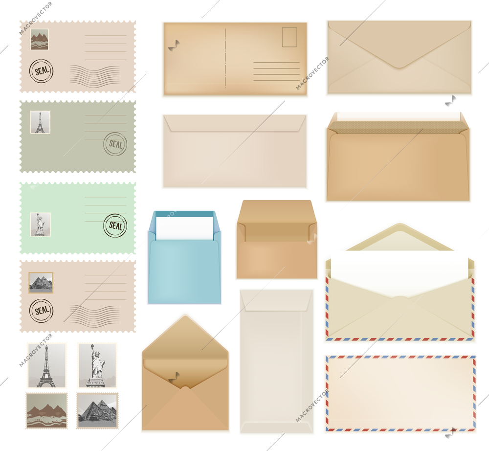 Envelopes and stamps set with realistic isolated front view images of modern and vintage postage letters vector illustration