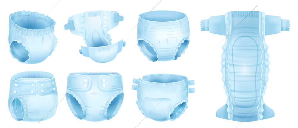 Realistic diapers set with isolated images of light blue soft diaper various angles on blank background vector illustration