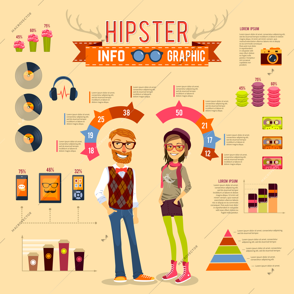 Hipster infographic set with boy girl and trendy accessories vector illustration