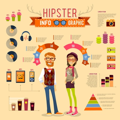 Hipster infographic set with boy girl and trendy accessories vector illustration