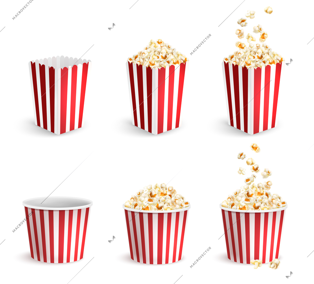 Realistic popcorn icons set with full and empty cardboard packs and buckets isolated vector illustration