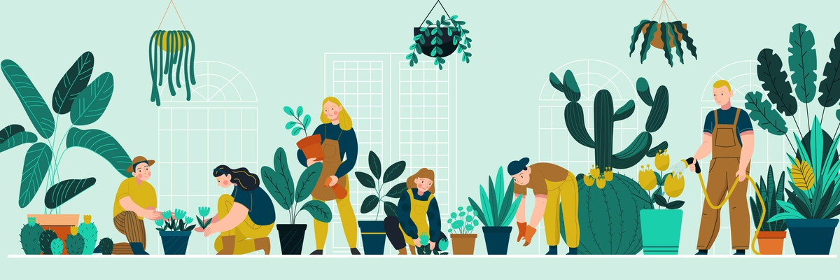 Botanical garden poster with people growing plants in pots flat vector illustration