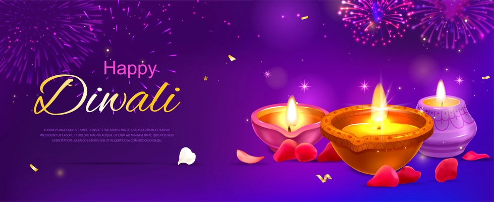 Realistic diwali poster with traditional lamps and fireworks vector illustration