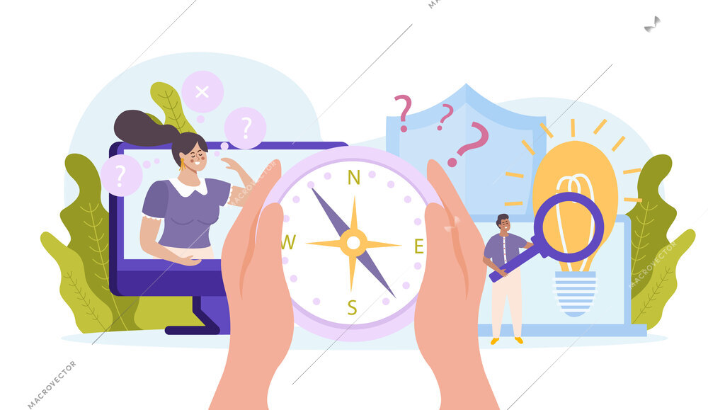 Future career search flat concept with compass and magnifier in human hands question and lighting bulb signs vector illustration