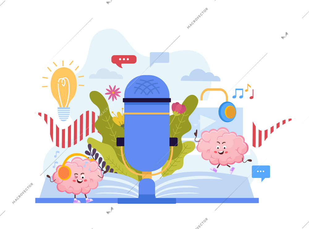 Positive music composition with two happy cartoon brain characters dancing around microphone flat vector illustration