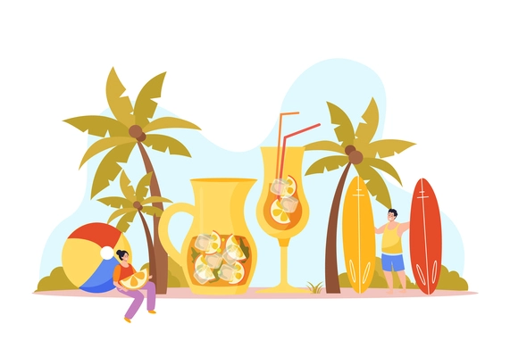 Relax and chill flat design concept with palm trees glasses with cocktail or juice and sporting people vector illustration