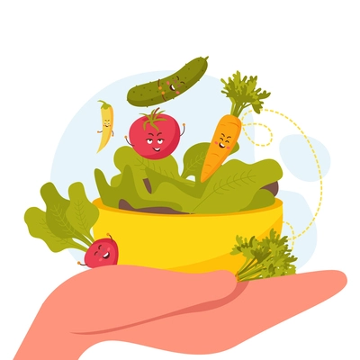 Flat organic design concept with cute cartoon vegetables in bowl on human hand vector illustration