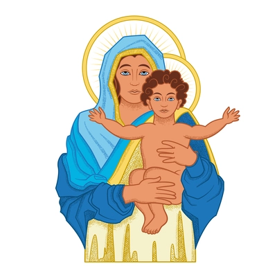 Jesus and virgin mary color composition with isolated image of saint mary and child jesus christ vector illustration