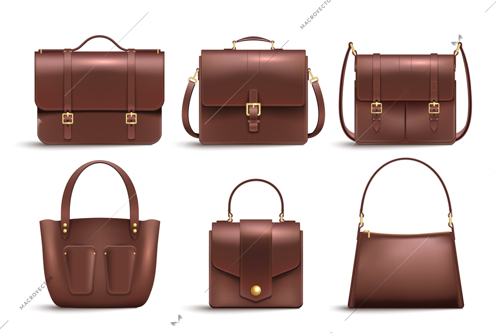 Realistic office leather business bag set with six isolated images brown vintage accessories on blank background vector illustration