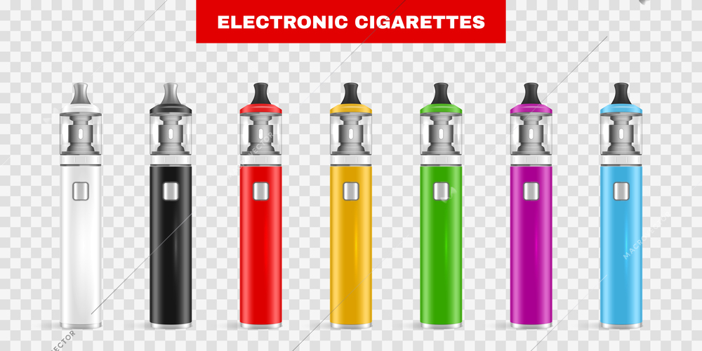 Realistic vape electronic cigarettes set with isolated images of colored vapes on transparent background with text vector illustration